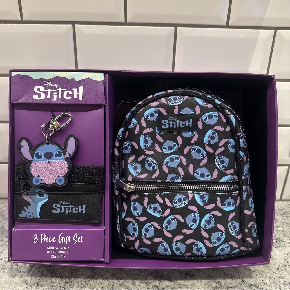 Disney Stitch 3 Piece Gift Set Mini Backpack ID Card Wallet, Keychain NEW Movie